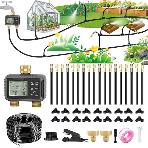 120FT Drip Irrigation System with Smart Water Timer – Automatic Garden Watering Kit with Dual Metal Tube Brass Connectors, 360° Adjustable Nozzles & Bendable Tubing for Garden, Greenhouse & Lawn