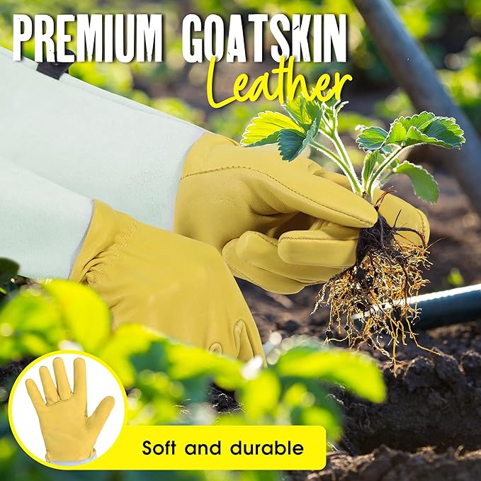 HANDLANDY Rose Pruning Gardening Gloves for Men Women, Thorn Proof Forearm Protection Leather Garden Gloves, Gardening Gifts for Gardeners (Golden Yellow, Large)