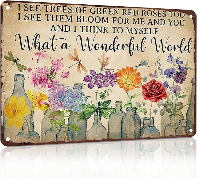Gardening Sign What A Wonderful World Vintage Flower Tin Plate Sign for Outdoor Garden Greenhouse Yard 8x12 Inch
