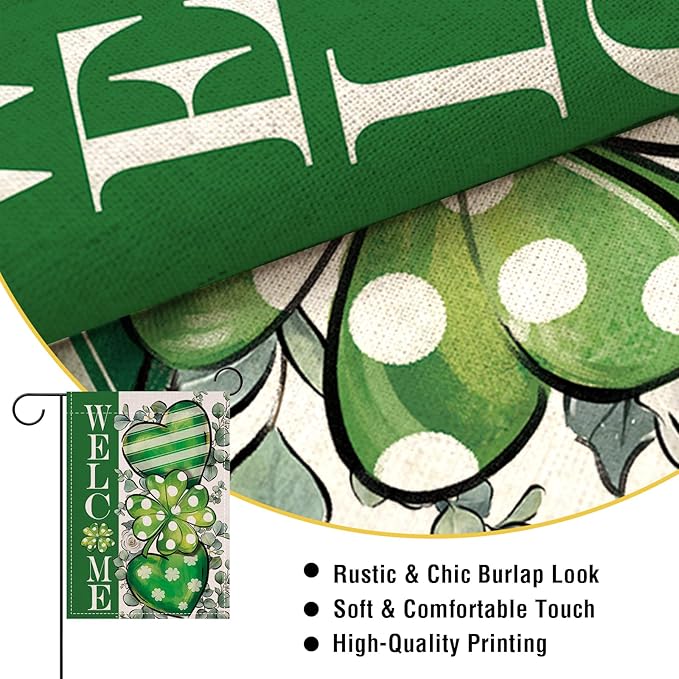 Artofy Welcome St Patricks Day Small Decorative Garden Flag, Lucky Shamrock Clover Love Heart Yard Outside Decor, Irish Spring Polka Dots Stripes Burlap Outdoor Home Decoration Double Sided 12 x 18