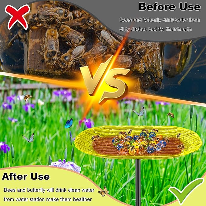 Bee Watering Station, Metal Butterfly Water Feeder with 30 Colorful Glass Marbles, Bee Waterer Feeder for Butterfly Bird Garden Outdoor Decors (Yellow Orange)