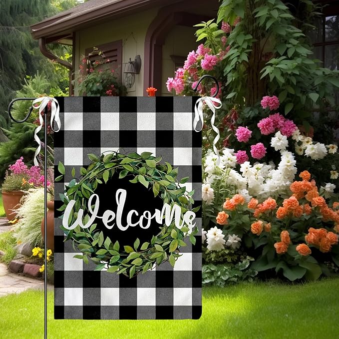Welcome Leaves Wreath Garden Flags 12x18 Double Sided Summer Black White Buffalo Plaid Rustic Yard Flags Spring Seasonal Garden Flag Burlap Outdoor Lawn Decor