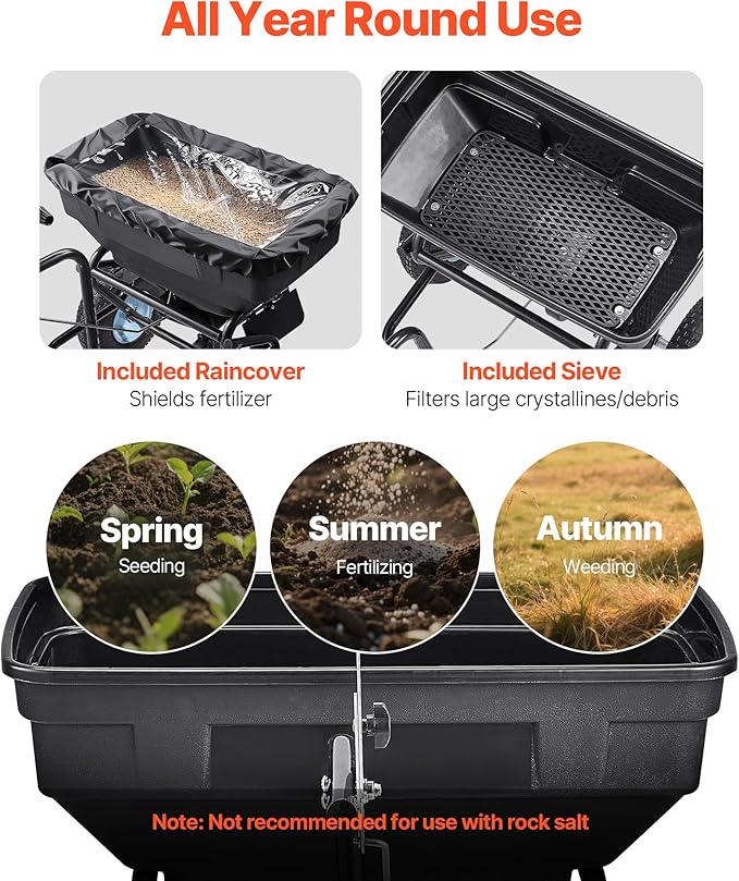 VEVOR Tow Behind Broadcast Spreader, 130LBS Capacity, Tow/Push Garden Spreader with 13 in Tires, 30 Adjustable Setting & 9.8 ft Spreading Width, Lawn Spreaders for Seed, Fertilizer, Salt, Ice Melt