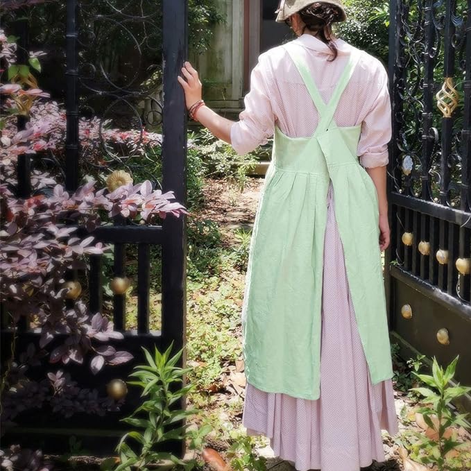 Uaussi Cotton Linen Apron Cross Back Work Apron for Women with Pockets Pinafore Dress X Cross Halter Apron for Chef Gardening