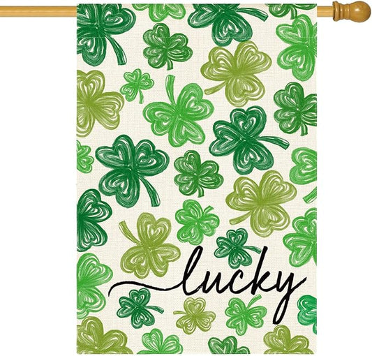 AVOIN colorlife St Patricks Day House Flag 28x40 Inch Double Sided Outside, Shamrock Lucky Clover Holiday Yard Outdoor Flag