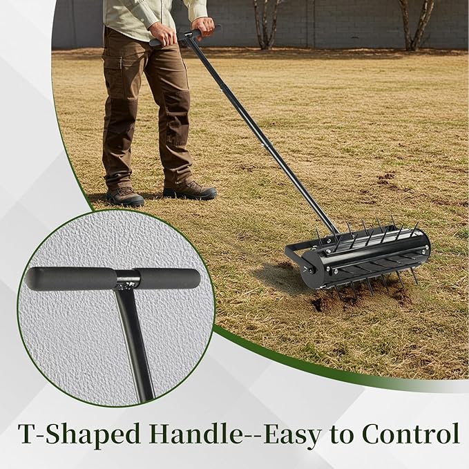 VINGLI Rolling Lawn Aerator with T-Shaped Handle, 17 inch Manual Aerator Tool, Lawn Aerator Spike Tool with 36 Spikes for Garden Yard Soil Health Maintaining, Black