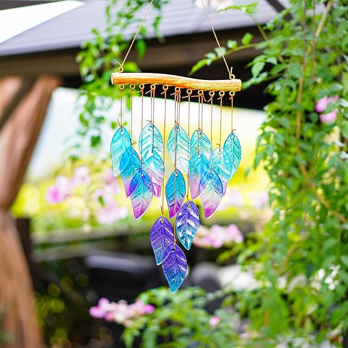 Wind Chimes for Outside,Stained Glass Leaves Wind Chimes Indoor Outdoor Hanging Decor Handmade 12.5" Garden Chimes for Windows, Patio,Backyard Decor Ornament for Christmas Tree