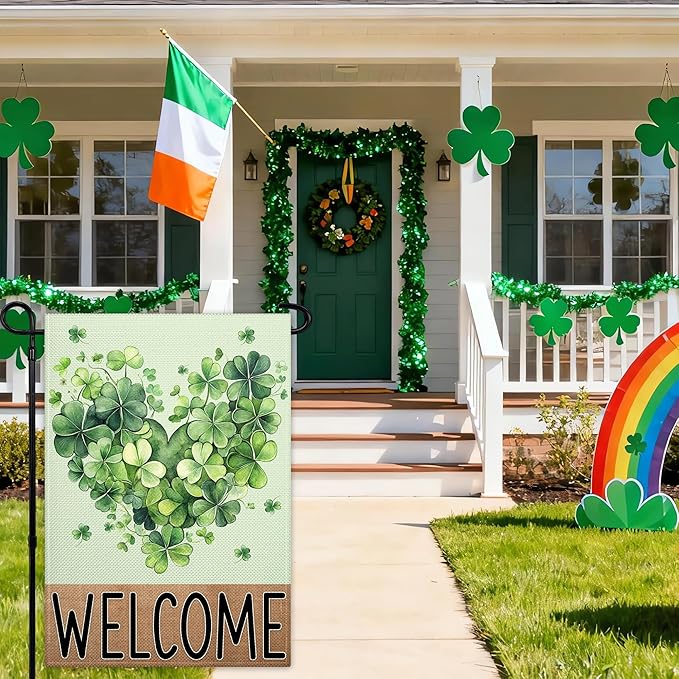 St Patrick'S Day Garden Flags for Outside 12×18 Floral Welcome Garden Flags 3 Ply Shamrocks Flag for Outdoor Yard House Lawn Holiday Sign Decor