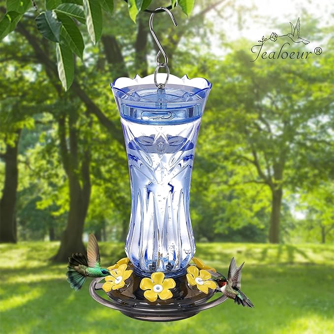 Hummingbird Feeder for Outdoors Hanging, 18 OZ Humming Birds Feeders with 6 Bee Guard Feeding Ports & Built-in Ant Moat, Easy to Clean, Durable Outdoor Garden Decor, Blue