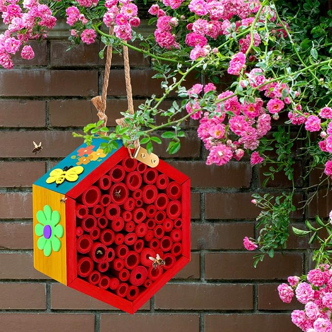 Leinuosen Mason Bee House for The Garden with DIY Painting Kits and 3 Felt Bee 6 Felt Flower Natural Handmade Wooden Box with Bamboo Tubes for Pollinators to Enhance Your Garden's Productivity