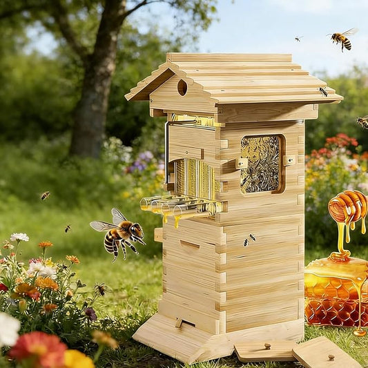 Wooden Beehive Starter Kit for Beginners, Self-Flowing Bee Hive with Mold Resistance, Easy Assembly Complete Set for Backyard Beekeepers & Garden Pollinators