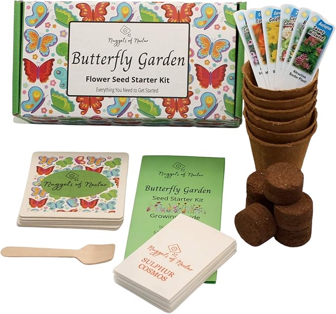 Butterfly Garden Flower Seed Starter Kit - Grow 6 Types of Wildflower Seeds Including Milkweed, Coreopsis, Cosmos, Echinacea, Gaillardia and Zinnia Seeds