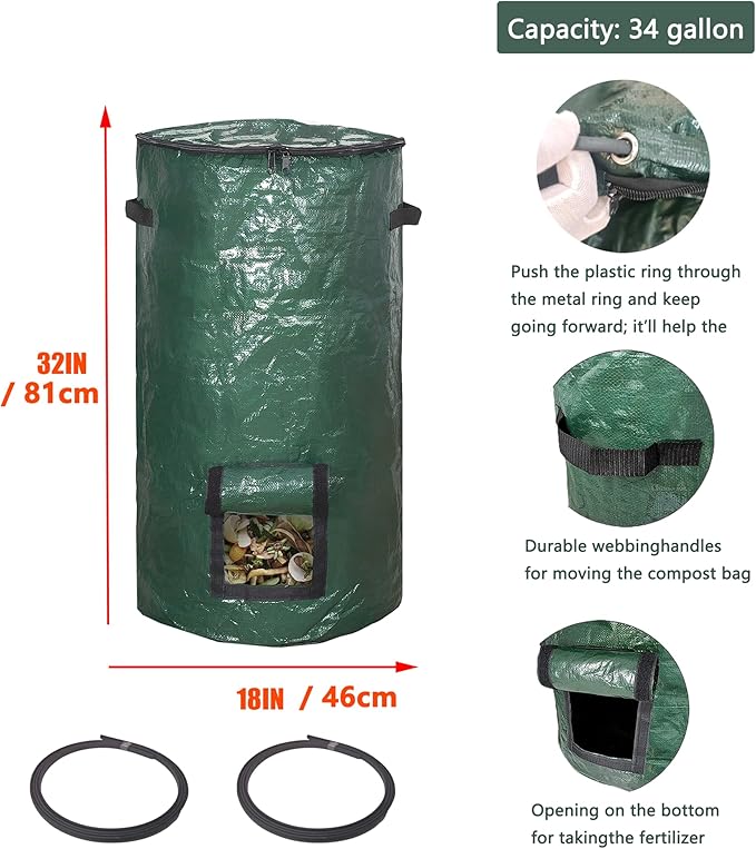 Compost Bin Bags 34 Gallon Garden Compost Bags Outdoor Reusable,Organic Waste Garden Yard Compost Bag Collapsible Leaf Lawn Bags Gardening Container (Green 2pcs)