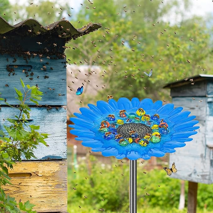Bee Watering Station Feeder, Metal Butterfly Water Feeder with 30 Colorful Glass Marbles, Bee Waterer Feeder for Butterfly Bird Garden Outdoor Decors (Blue Chrysanthemum)
