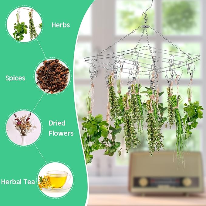 Bokon 4 Pcs Hanging Drying Rack for Herb Macrame Flower with Stainless Clip Dryer Hook for Drying Herb Air Plants Spices Flower Hydroponic Plant Ready to Use with Ceiling Hook(Rectangle)