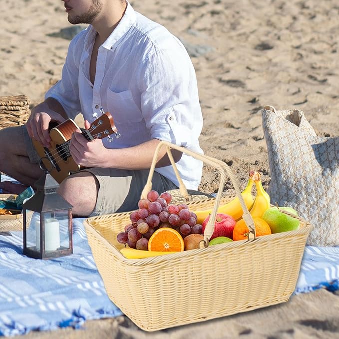 MYCENSE Wicker Picnic Storage Basket with Foldable Handle, PP Woven Empty Picnic Baskets, Sturdy Iron Wire Frame, Versatile Harvest Basket for Camping, Beach, Park, Halloween, B 40x30x18cm