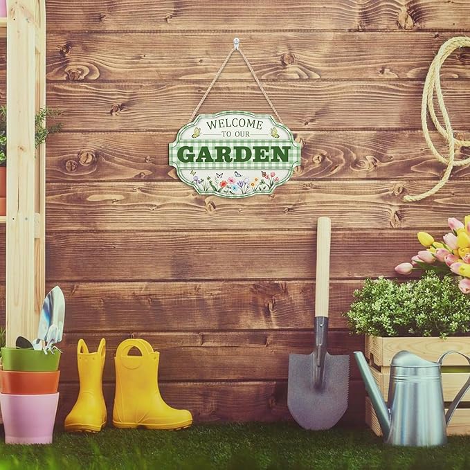 HOURIA 3D Welcome to Our Garden Wood Sign,(11.4”x8”) Gardening Greenhouse Decor, Gardening Sign, Flowers Butterfly Garden Decorations for Outside,Gardening Gifts,Gifts for Plant Lovers