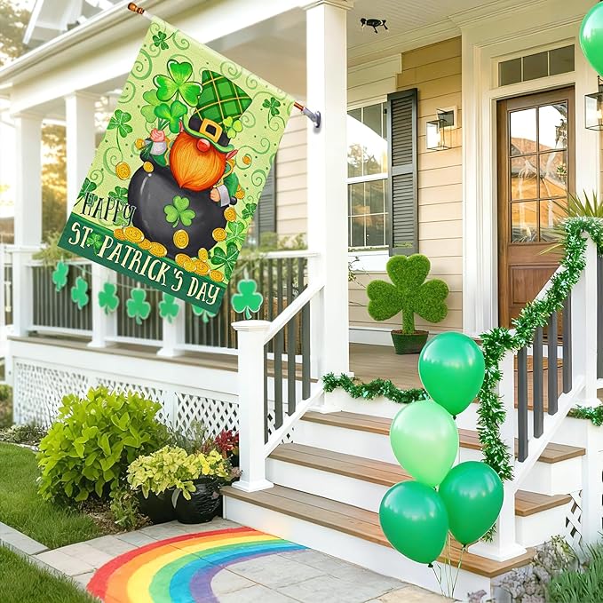 Happy St Patricks Day Gnome House Flag Burlap 28x40 Double Sided, Green Leprechaun Hat Shamrock Lucky Clover Holiday Party Sign Large Flags Yard Outdoor Decorations DF656-28