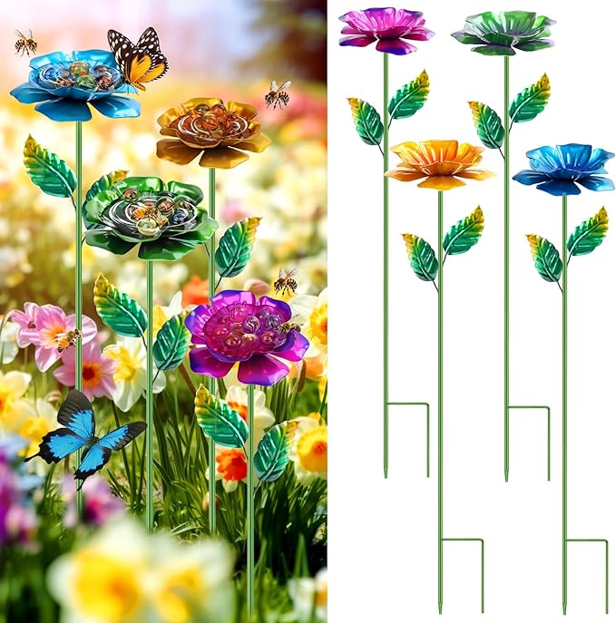 4 Pack Bee Watering Station, Metal Bee Feeder with Glass Marbles, Flower Design Bee Butterfly Watering Station Bee Waterer for Outdoor Garden Courtyard Decors