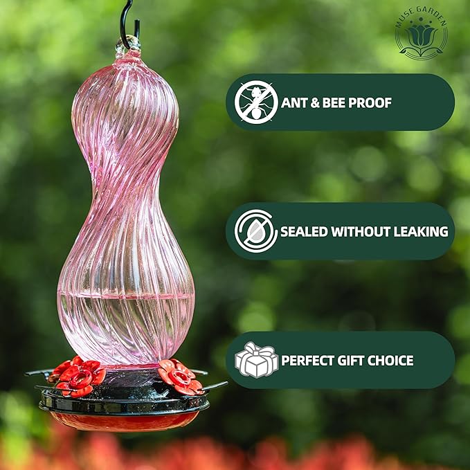 Hummingbird Feeder for Outdoors Hanging, Hand Blown Glass 24 OZ Capacity Hummingbird Bird Nectar Feeders with 4 Feeding Ports, Gifts for Women Mom Outside Garden Backyard Decor