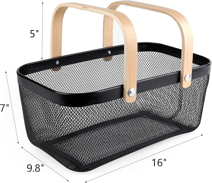 ZEAYEA Mesh Storage Basket with Handle, Garden Harvest Basket, Mesh Fruit Vegetables Gathering Basket Bin, Multi-functional Metal Wire Basket for Kitchen Garden Picnic Cabinet