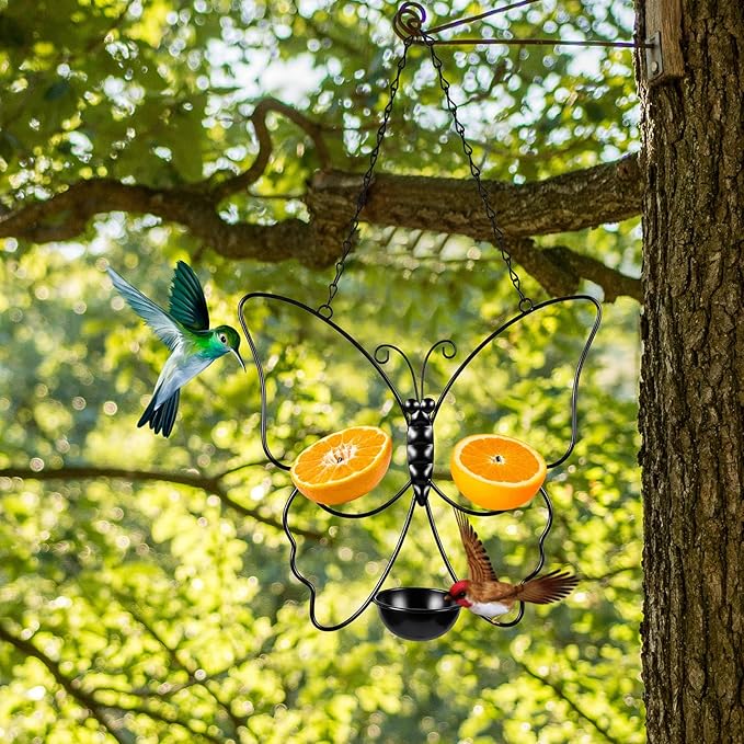 Hushee 2 Pack Oriole Feeder for Outdoors Jelly and Oranges Fruit Metal Bird Feeder Outdoor Garden Metal Hanging Drinking Container Hummingbird Jelly for Outdoor Hanging Garden Patio(Butterfly Shaped)