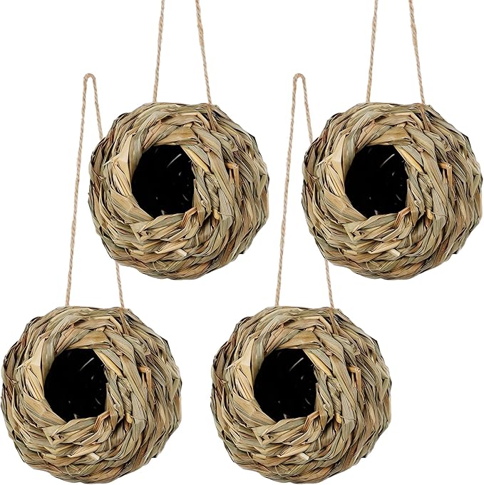 winemana 4 Pack Hanging Bird Nest House for Outside, Ball Shape, Hand Woven, Durable Sturdy, Made of Natural Grass, Perfect for Garden Patio Lawn Office Indoor