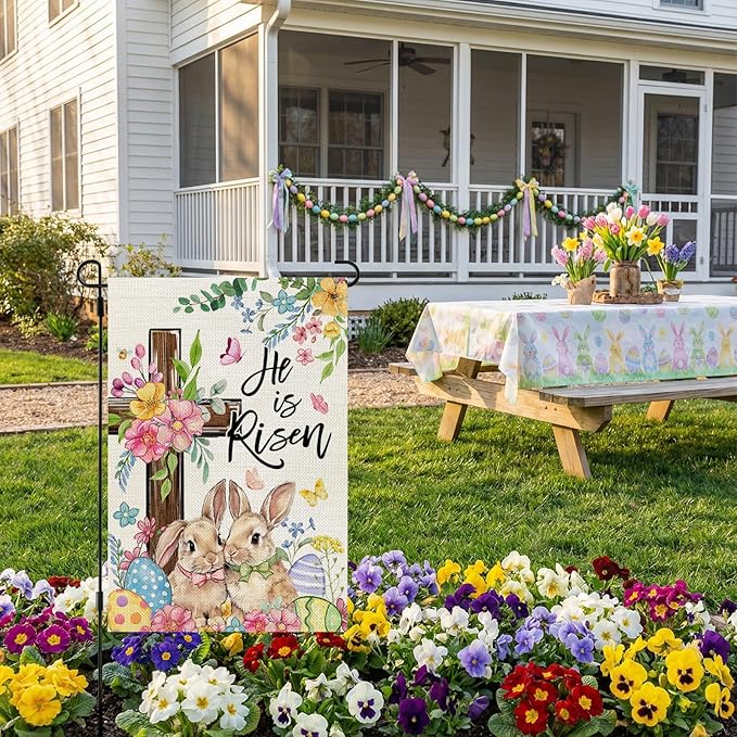 CROWNED BEAUTY Easter Garden Flag He is Risen Cross Bunnies 12x18 Inch Double Sided Floral Holiday Decoration for Outdoor Lawn Yard
