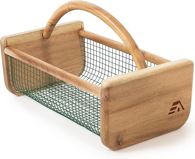 HOMESTEAD Garden Hod Harvest Basket, Durable Acacia Wood Frame with Rotating Handle, Farmhouse Basket for Home Improvement, Gardening, Farm, Kitchen, Indoor Outdoor Use