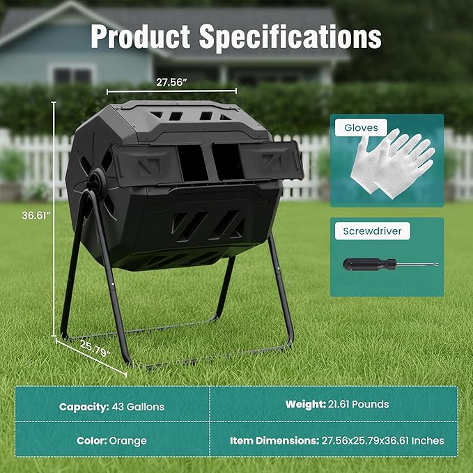 OLIXIS Compost Bin Outdoor 43 Gallon, Dual Chamber Composter Tumbler Outdoor with Gloves, Efficient 360°Rotating Composting Bin for Patio, Lawn, Home Gardening and Landscape, Classic Black