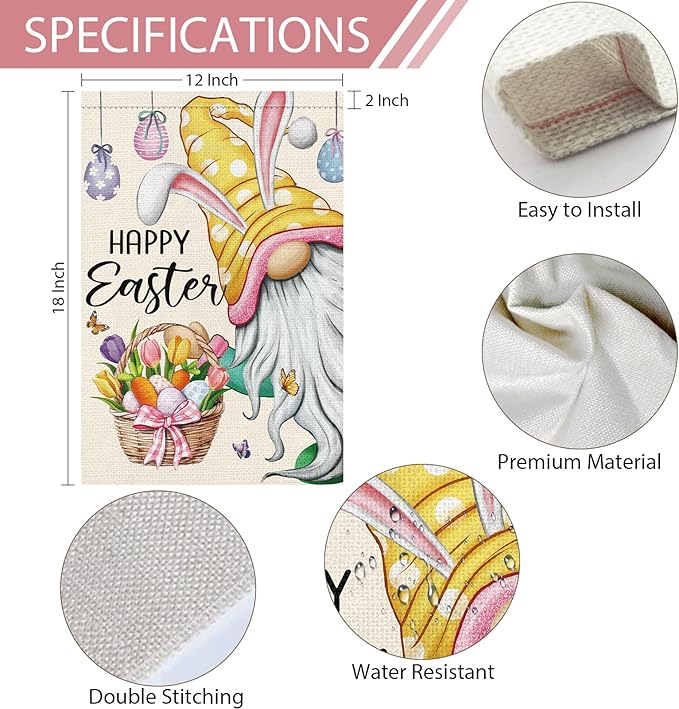 Heyfibro Happy Easter Gnome with Rabbit Ears Garden Flag 12x18 Double Sided Burlap, Funny Bunny Floral Small Yard Flag Easter Egg Banner for Easter Holiday Farmhouse Yard Outdoor Decor(ONLY FLAG)