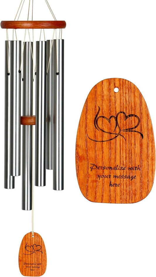 Woodstock Wind Chimes Personalized Amazing Grace Memorial Chime for Outside 24'' Medium Silver Customized Double Heart Wind Chime for Outdoor Patio Home Garden Décor & Wedding Gift (P-AGMS15)