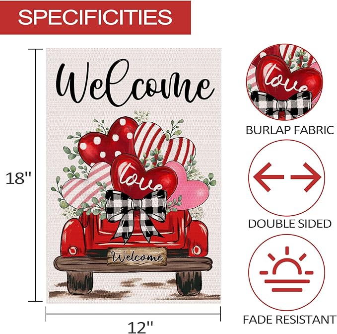 Valentine's Day Garden Flag, Valentines Flag 12x18 Double Sided Decorations, Red Truck Small Flag for Outdoor
