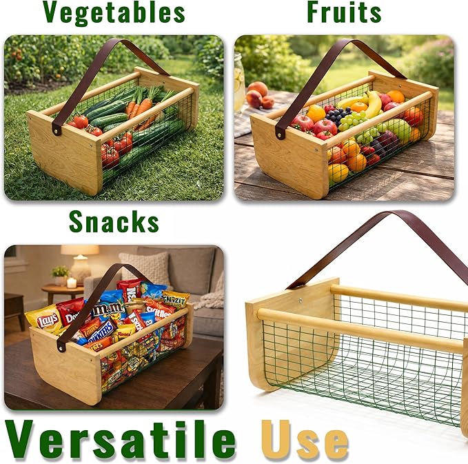 Garden Hod Harvest Basket, 16 x 10 x 7in Gardening Harvest Baskets with Leather Handle, Solid Wood with PVC Wire Mesh, Garden Baskets for Gathering Vegetables