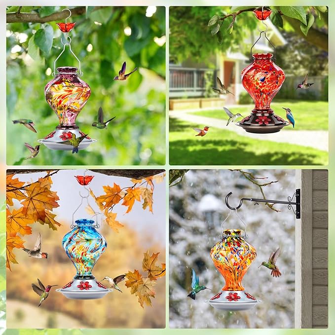 Hummingbird Feeders for Outdoors Hanging, BOLITE Glass Hummingbird Feeder, Hand Blown Twisted with Ant Moat and Five Feeding Ports, 24 Ounces, Leak Proof, Purple, Gifts for Women Men