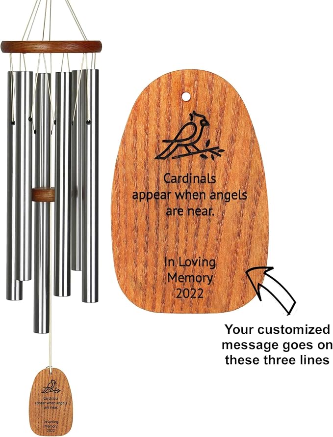 Woodstock Wind Chimes Personalized Amazing Grace Memorial Chime for Outside 24'' Medium Silver Sympathy Customized Cardinal Inspirational Wind Chime for Outdoor Patio Home Garden Decor