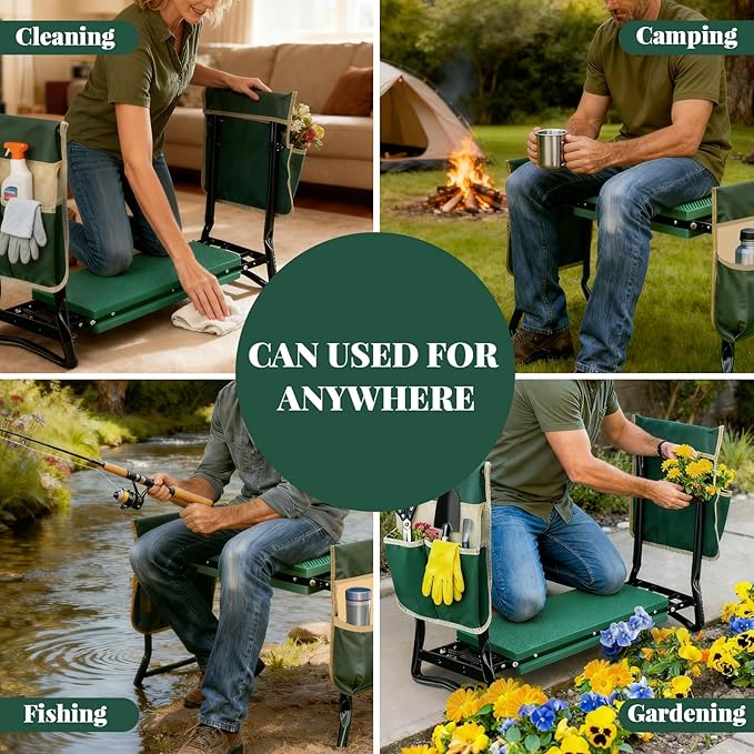 Upgraded Garden Kneeler and Seat with Thicken & Widen Soft Kneeling Pad,Heavy Duty Gardening bench kneeler and seat Foldable Gardening Stool with 2 Tool Pouches，Gifts for Women, Seniors, Mom & Dad