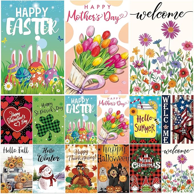 Seasonal Garden Flags Set of 12 Double Sided 12x18 Inch, Small Yard Flags for Outside, Spring Summer Fall Winter & Holiday Outdoor Decor, Halloween Christmas Easter Decorations for All Seasons