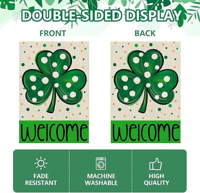 St Patrick's Day Garden Flag 12x18 Inch, Shamrock Double Sided Yard Flag for Outdoor Decoration