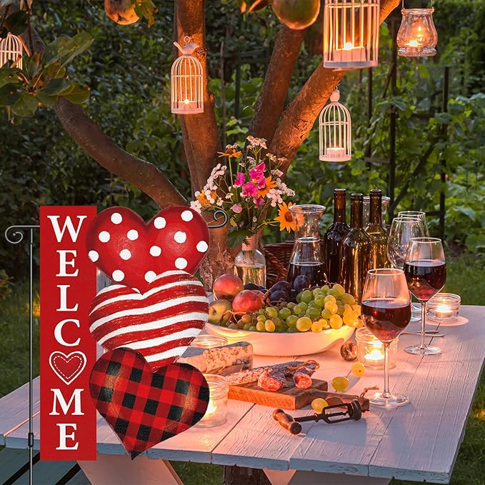 Heyfibro Valentine's Day Garden Flag Valentine Outdoor Decorations Double Sided 12x18inch Love Heart Banner Yard Flags for Outside Anniversary Wedding Party Holiday House Seasonal Decoration