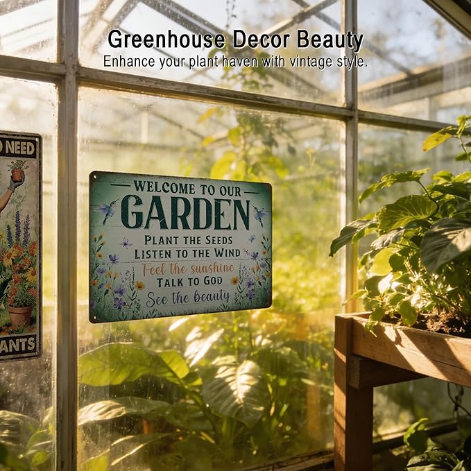 Garden Signs Garden Decor for Outside - Welcome To Our Garden Tin Sign, Vintage Gardening Signs Gifts for Plant Lovers Women Gardeners 12x8 Inch