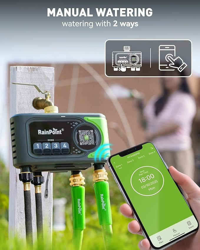 RAINPOINT WiFi Sprinkler Timer 4 Zone, Outdoor Smart Water Timer for Garden Hose with Brass Inlet&Outlet, Custom Programs via APP/Voice Control for Automatic Watering System