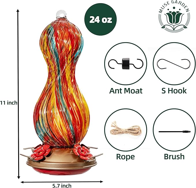 Hummingbird Feeder for Outdoors Hanging, Hand Blown Glass 24 OZ Capacity Hummingbird Bird Nectar Feeders with 4 Feeding Ports, Gifts for Women Mom Outside Garden Backyard Decor (Yellow-Green)