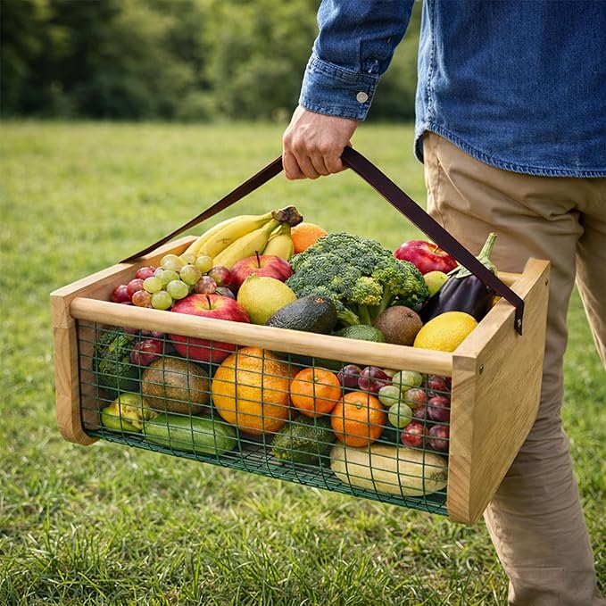 Garden Hod Harvest Basket, 16 x 10 x 7in Gardening Harvest Baskets with Leather Handle, Solid Wood with PVC Wire Mesh, Garden Baskets for Gathering Vegetables