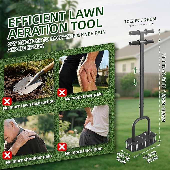 Lawn Aerator Tool for Clay Soil - Kick to Unclog & Bolt-On Base Never Breaks - 11 Heavy-Duty 3.5” Spikes for Deeper Penetration - Pre-Assembled 12.2x6” Plate
