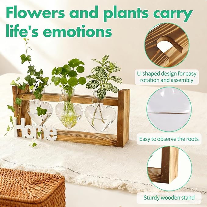 IBEUQEM Heart-Shaped Plant Propagation Station, 3 Glass Plant Terrarium with Wooden Stand, Starter, Propagation Station for Hydroponics Office Garden Home Decor, for Women Lovers