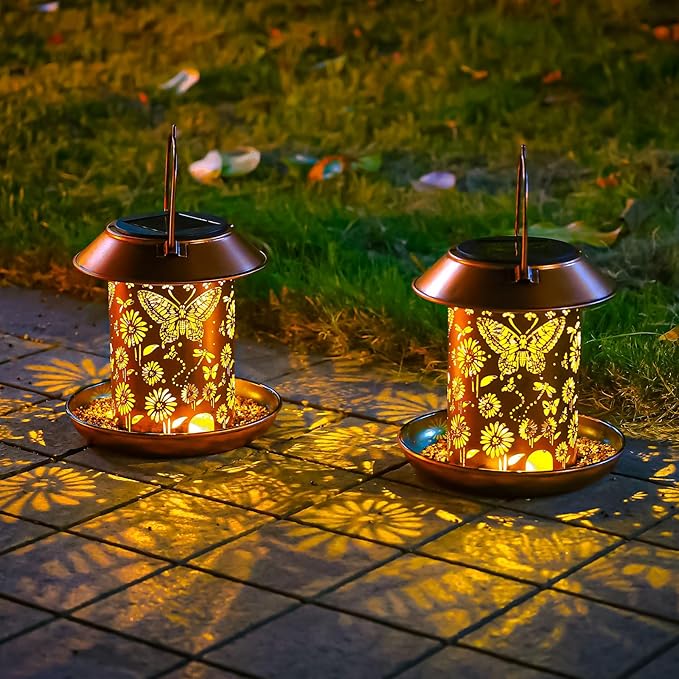 2 Pack Solar Bird Feeders for Outdoors Metal Butterfly Solar Lanterns Hanging Outdoor Lights Waterproof Decoration for Patio, Yard, Lawn, Pathway, Garden Decor for Women Men