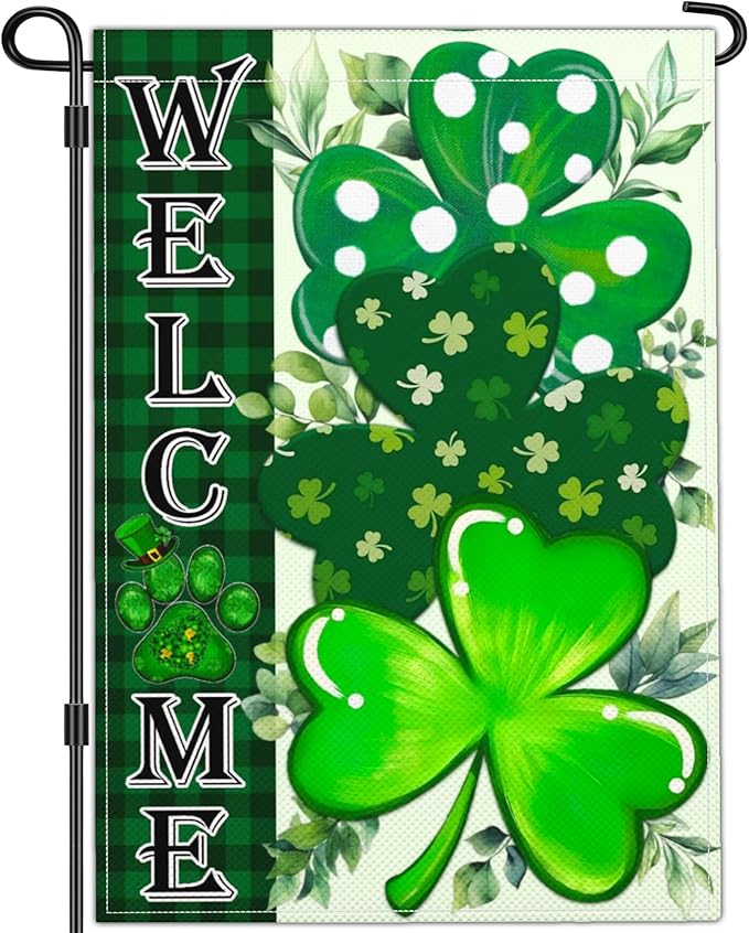 St Patricks Day Garden Flag Shamrock Lucky Irish Blessing Garden Flag Happy St Patrick's Day Yard Decor Garden Flags for Outside 12×18 Inch Double Sided Outdoor House Holiday Decorations