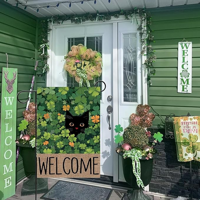 St Patricks cat Garden Flag 12x18 Inch Double Sided Outside Black Cat Welcome Spring Holiday Shamrocks Holiday Yard Outdoor Flag Home Decor