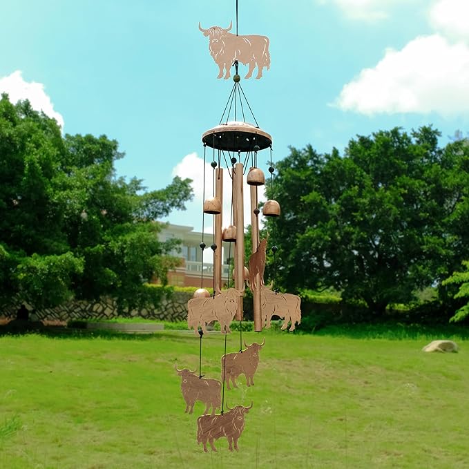 Highland Cow Wind Chimes for Outside, Metal Windchimes Outdoors, Highland Cow Gifts for Women/Men, Memorial/Birthday Gifts, Garden Decor for Outside, Patio or Yard, Durable Chimes for Outdoors